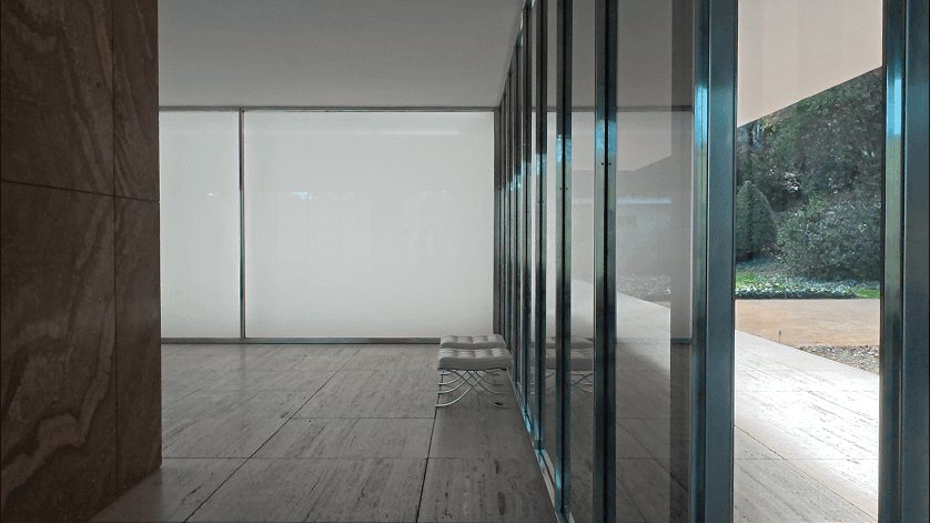 Barcelona Pavilion: the onyx wall at the left, white glass and steel columns receding into the room.