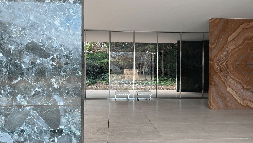 Barcelona Pavilion: grey marble at the left, the glass wall and the pool through it, the onyx wall at the right.