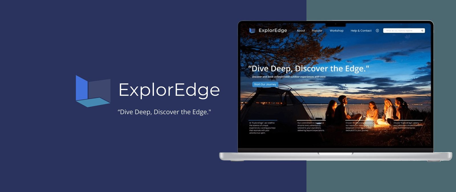 Navy plate: the three-plane mark beside the ExplorEdge wordmark and the line “Dive Deep, Discover the Edge.”, with the landing page on a laptop to the right.
