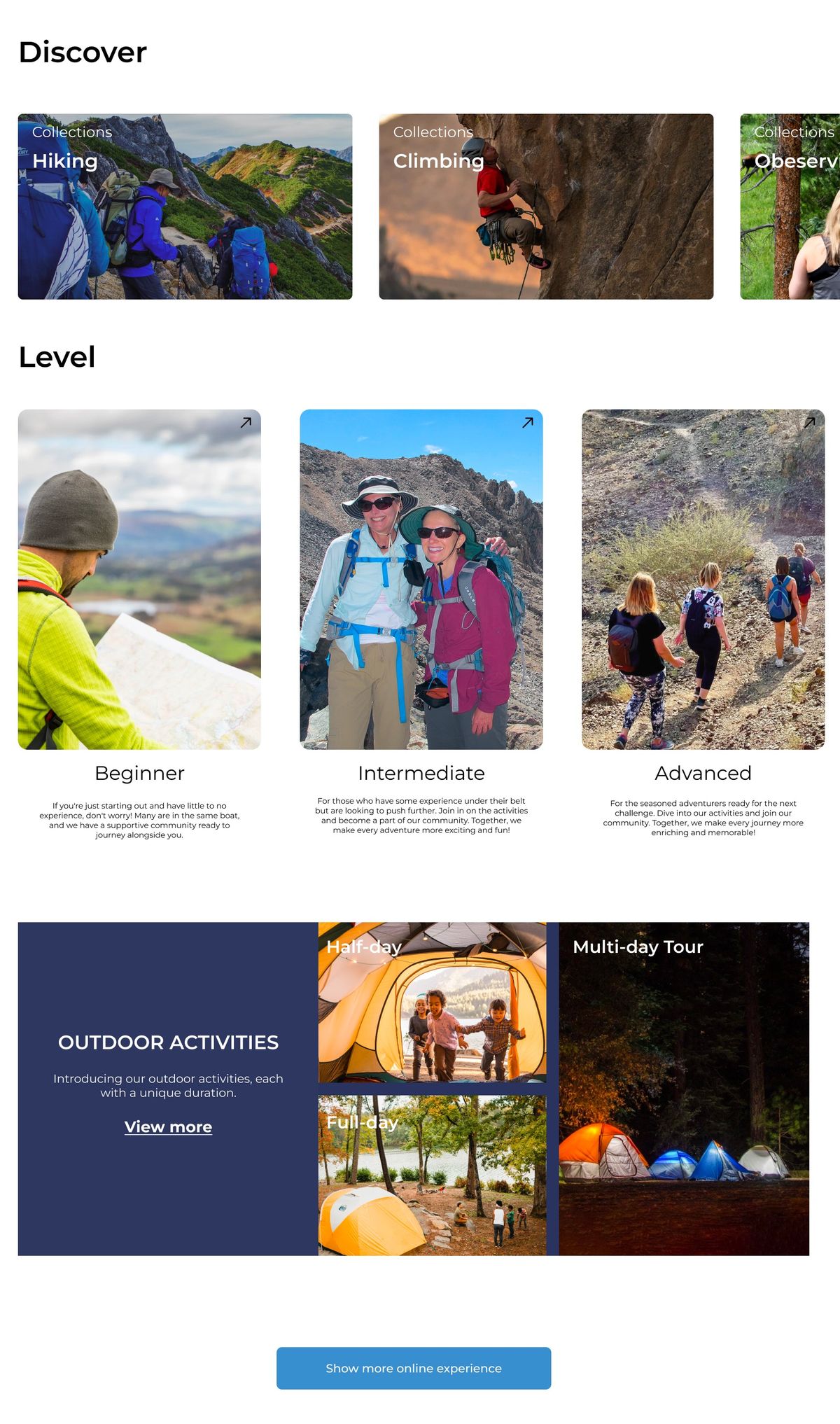 The full browse page: Discover collections, three Level cards with a welcome under each, and a navy plate of outdoor activities by duration.