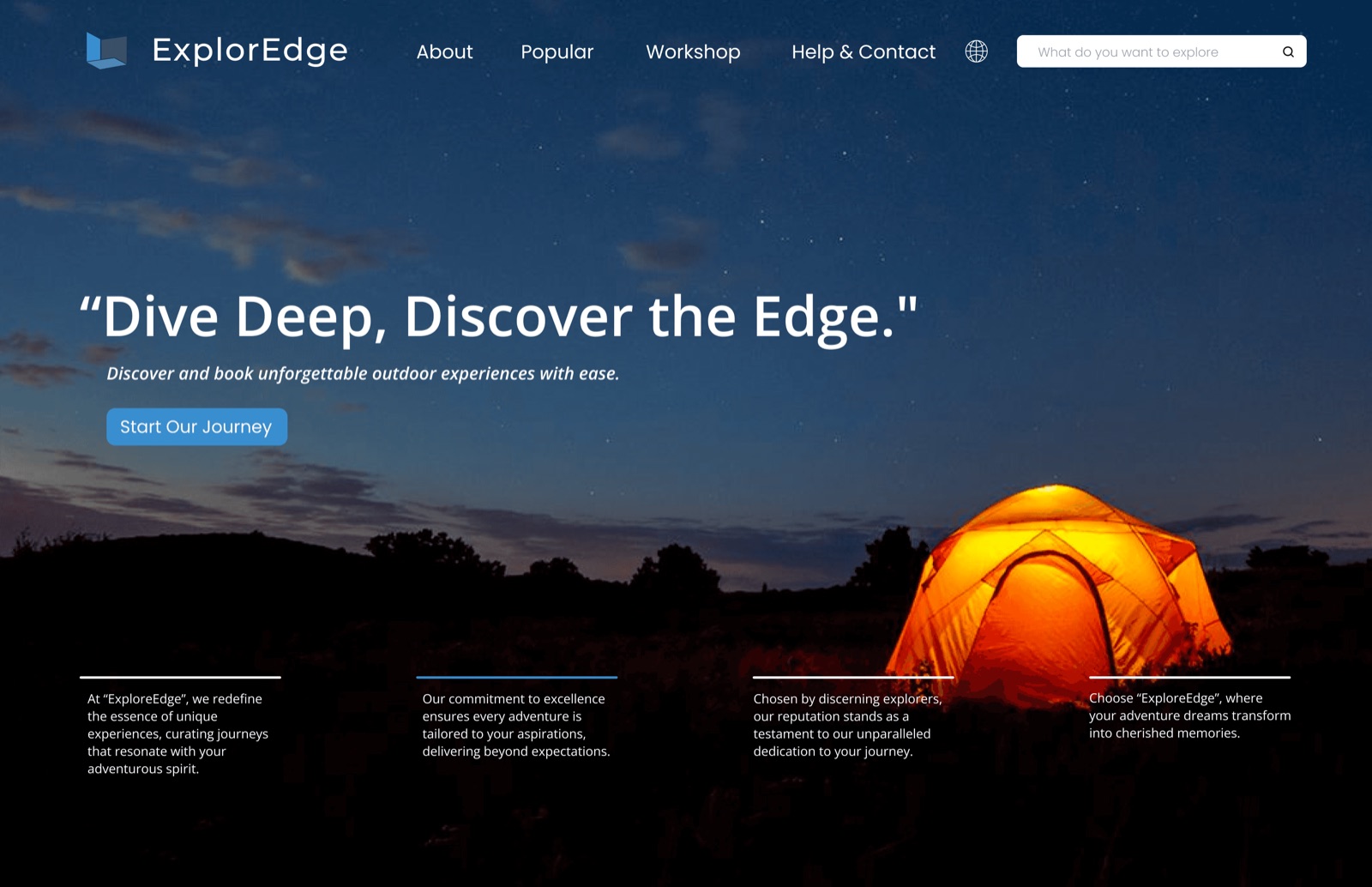 Landing, night: a glowing orange tent under a starry sky.