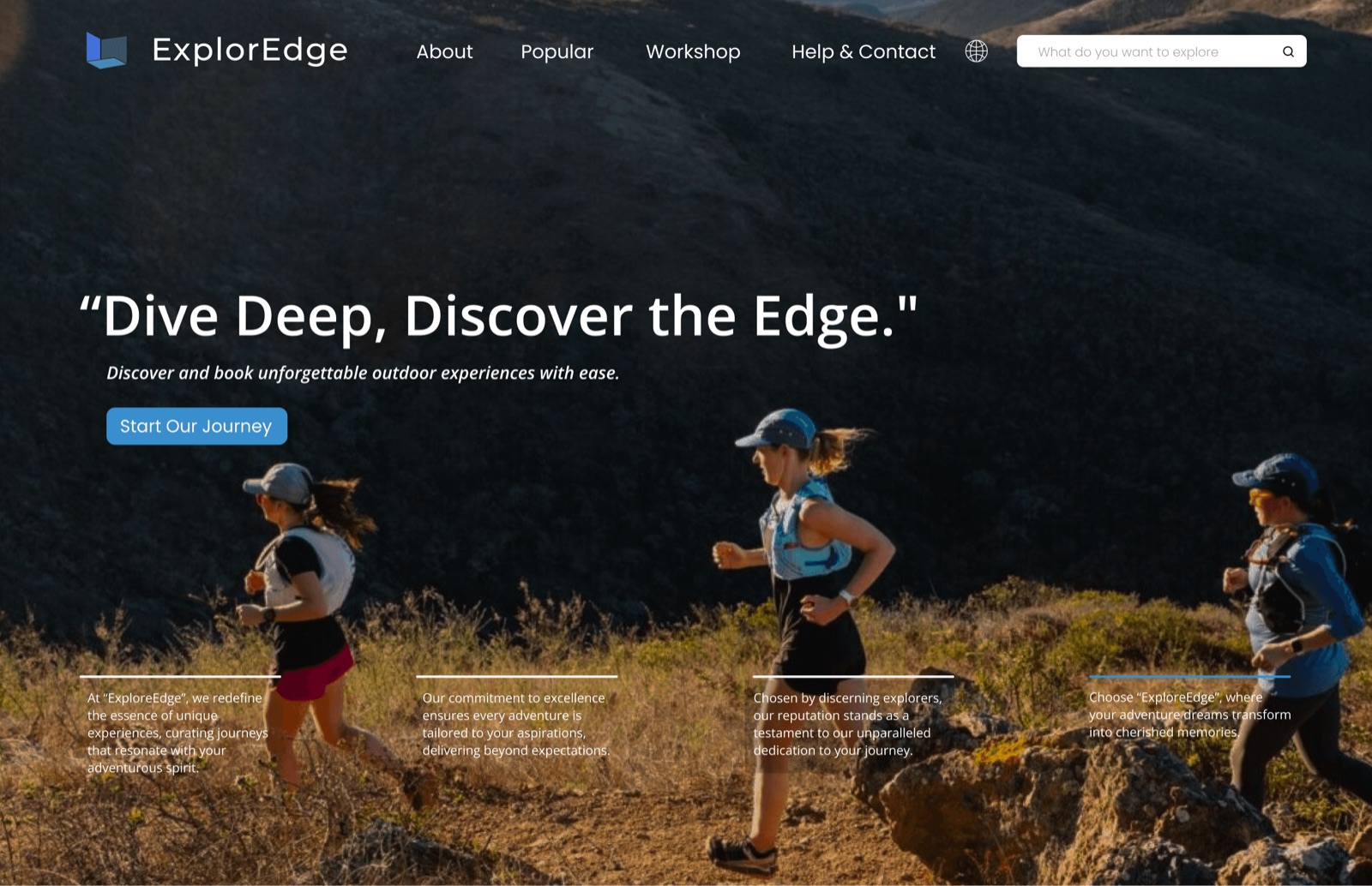Landing, trail: three runners on a hillside path in low sun.