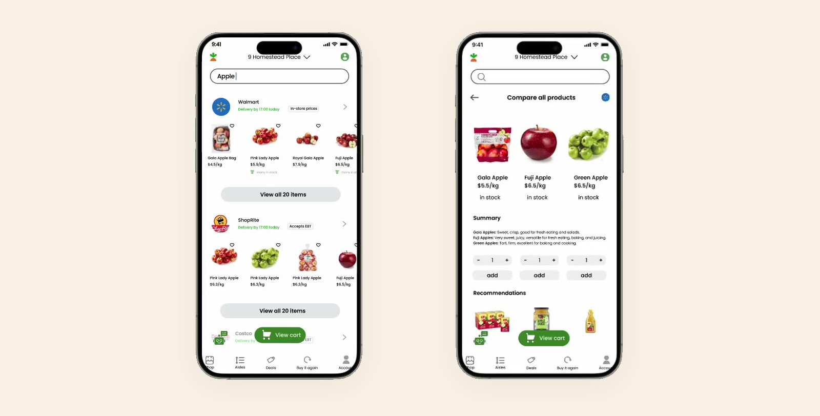 Two phones: search results for apple grouped by store, every apple priced per kilo; and three apples compared side by side, an add button under each.