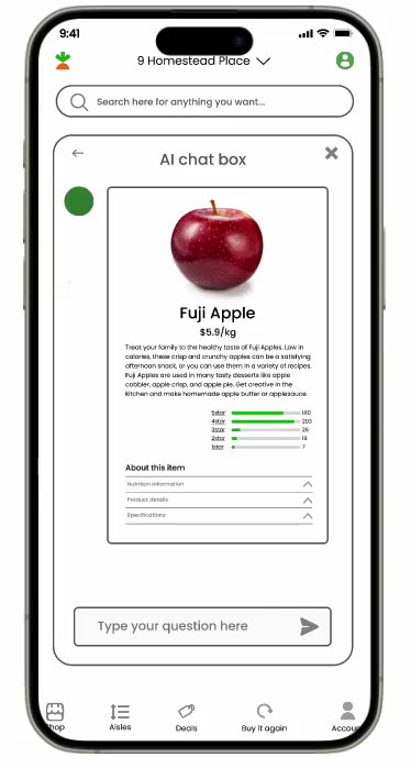 The chat box open over the store, a Fuji apple card in the reply: photo, price per kilo, a short description, ratings, and About this item.