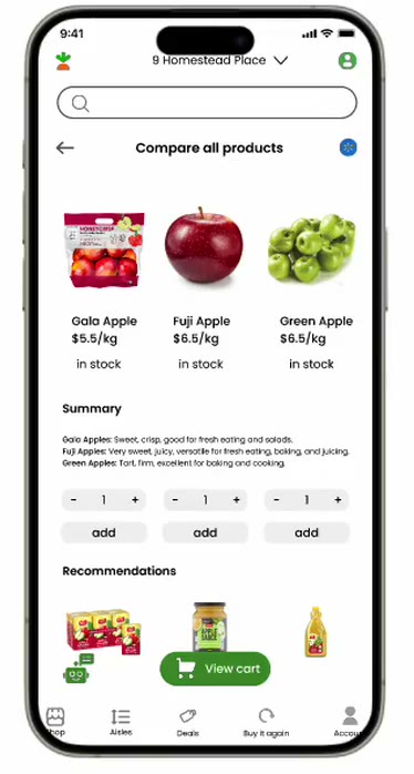 Compare all products: Gala, Fuji and Green apples in three columns, price per kilo and stock under each, a summary line per apple, and an add button per column.