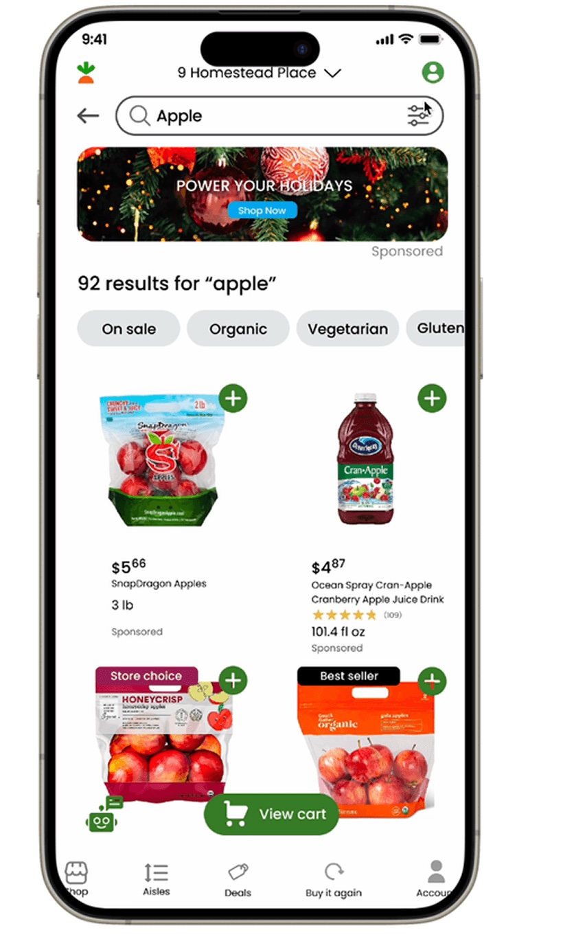 Search results for apple with a row of filter chips and four product cards.