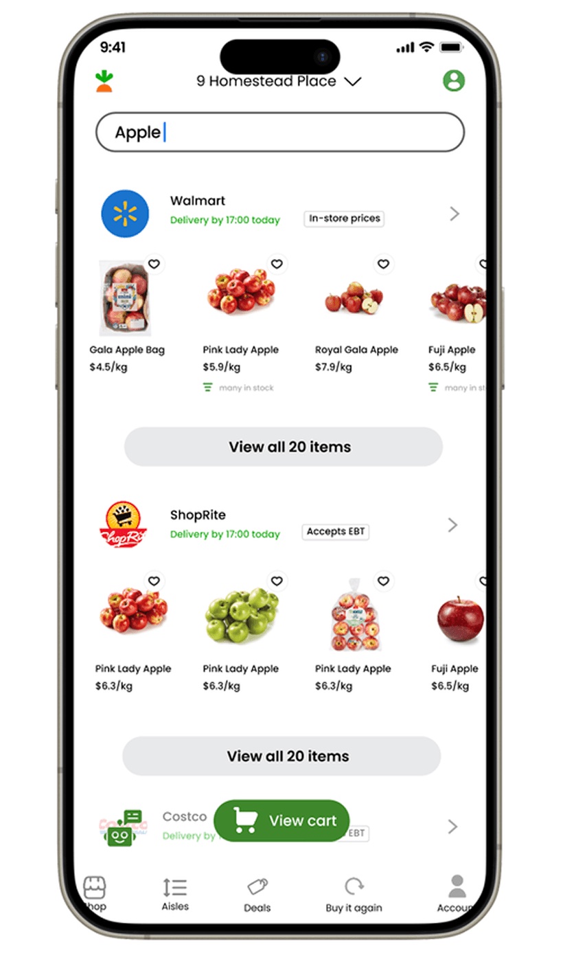 Search results for apple grouped by store: Walmart, ShopRite, Costco, every apple priced per kilo.