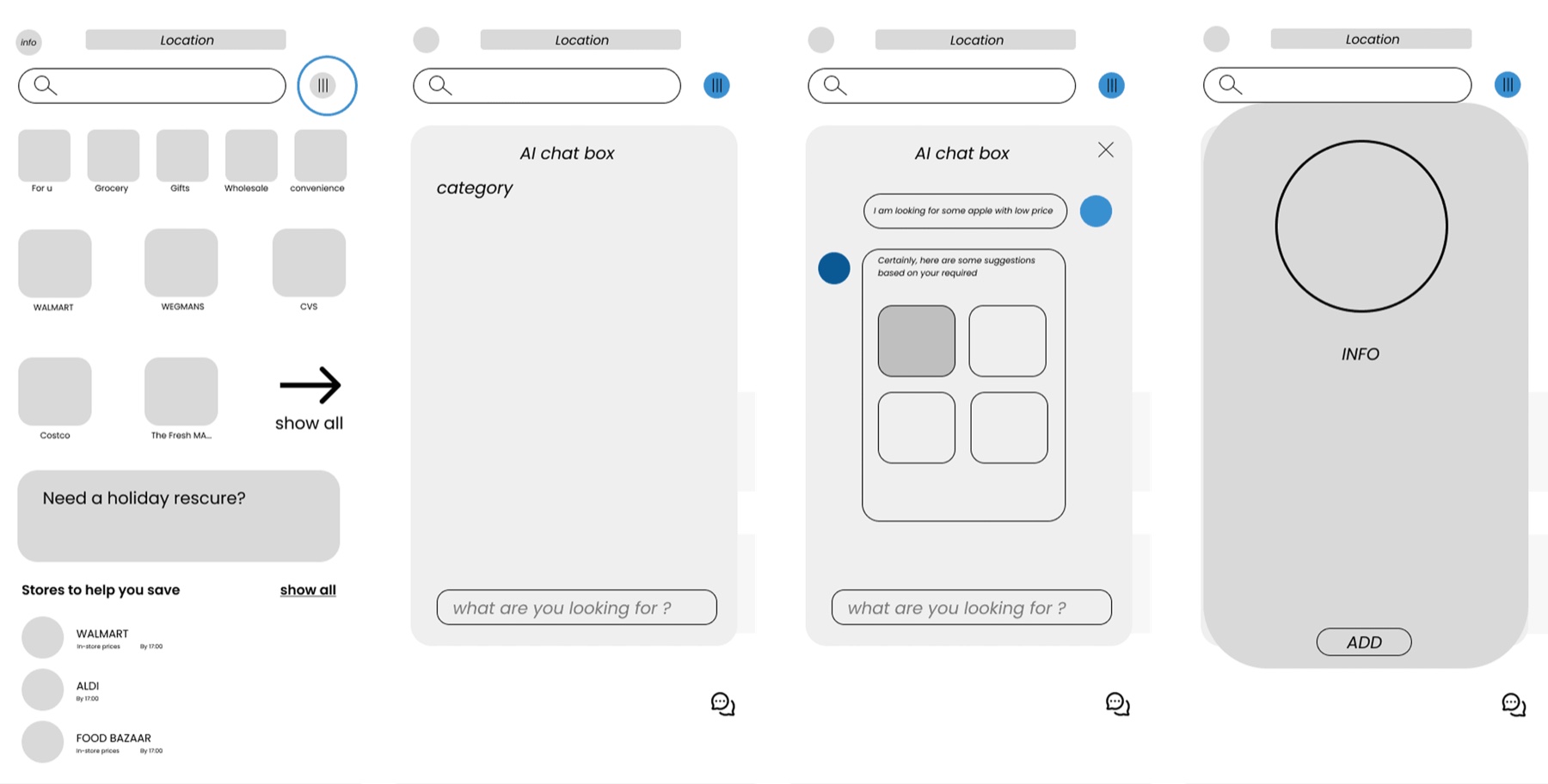 Four grey wireframes of the ask flow, from the chat icon to an info sheet with Add.