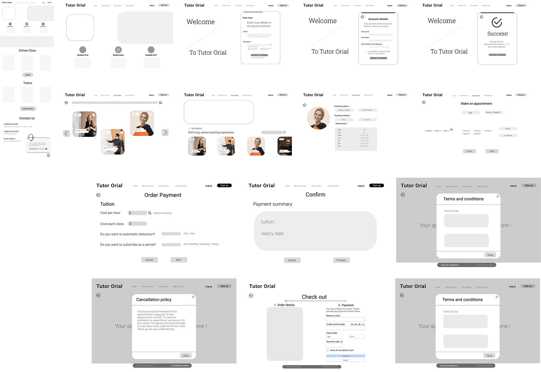 Grid of mid-fidelity screens covering the whole registration and course selection flow.