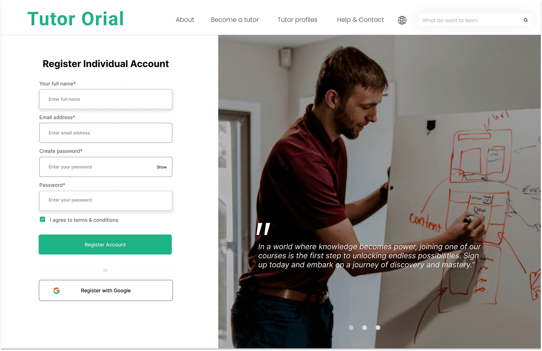 Hi-fi register screen: full name, email, create and confirm password, terms checkbox, register button and a register with Google button, beside a photograph.
