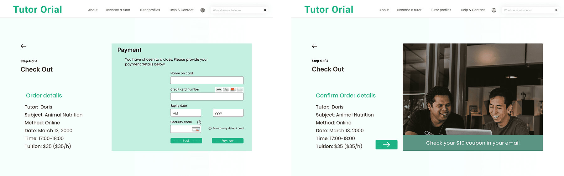 Hi-fi checkout screens: card details on the left, order summary listing tutor, subject, method, date, time and tuition on the right.